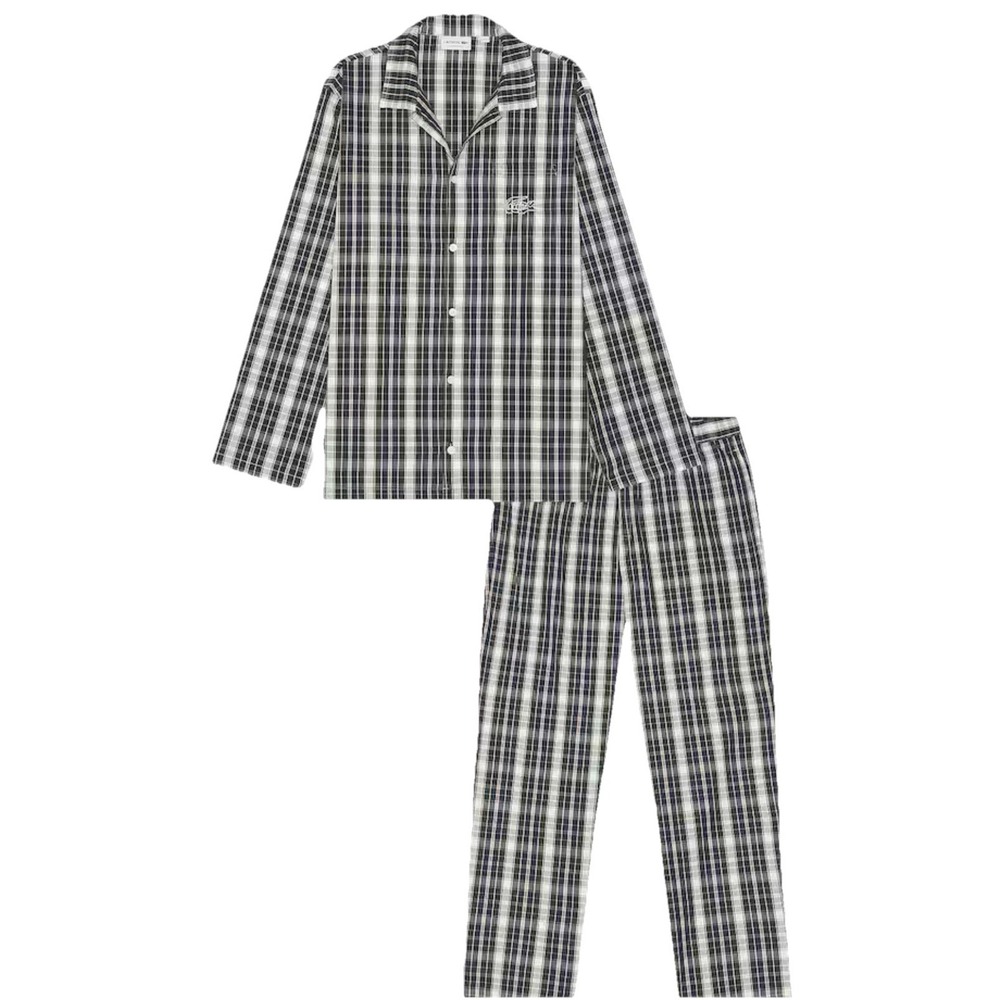 Lacoste Mens Plaid Pajama Set Green Navy Blue White Cotton Long Sleeve Large
